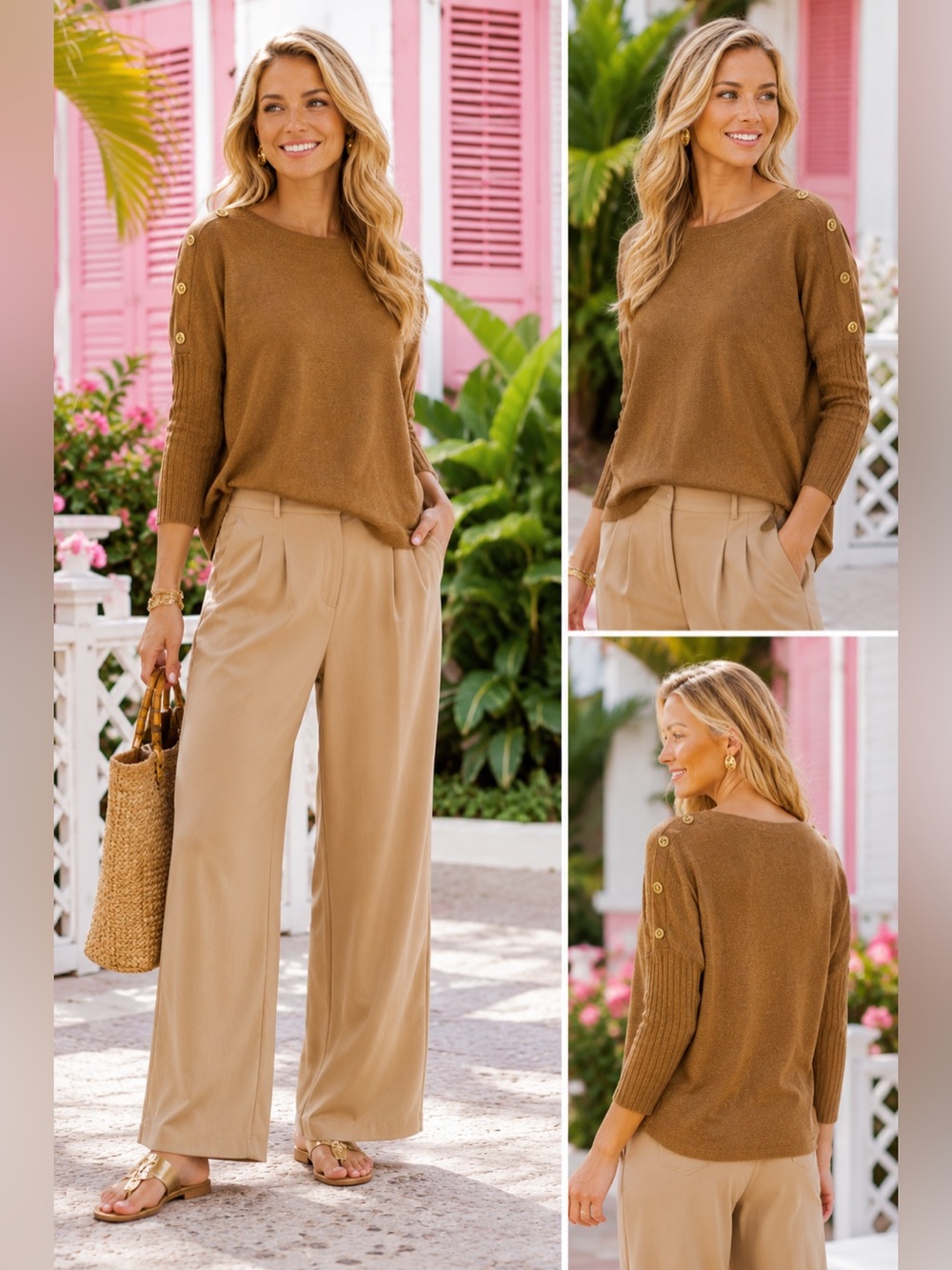 Lilly Pulitzer Arna Pullover Sweater Heathered Rattan Gold Button Detail Size XS